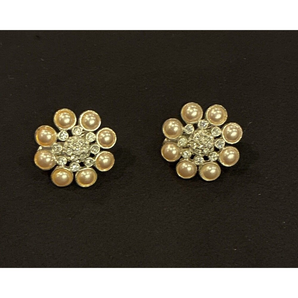 Vintage Monet Pink Faux Pearl Rhinestone Clip On Earrings Signed Flower